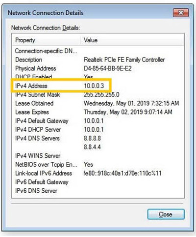 پیدا کردن آی پی کامپیوتر از طریق Network Connection
