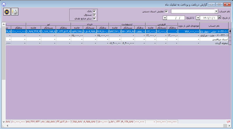 گزارش دریافت و پرداخت به تفکیک ماه